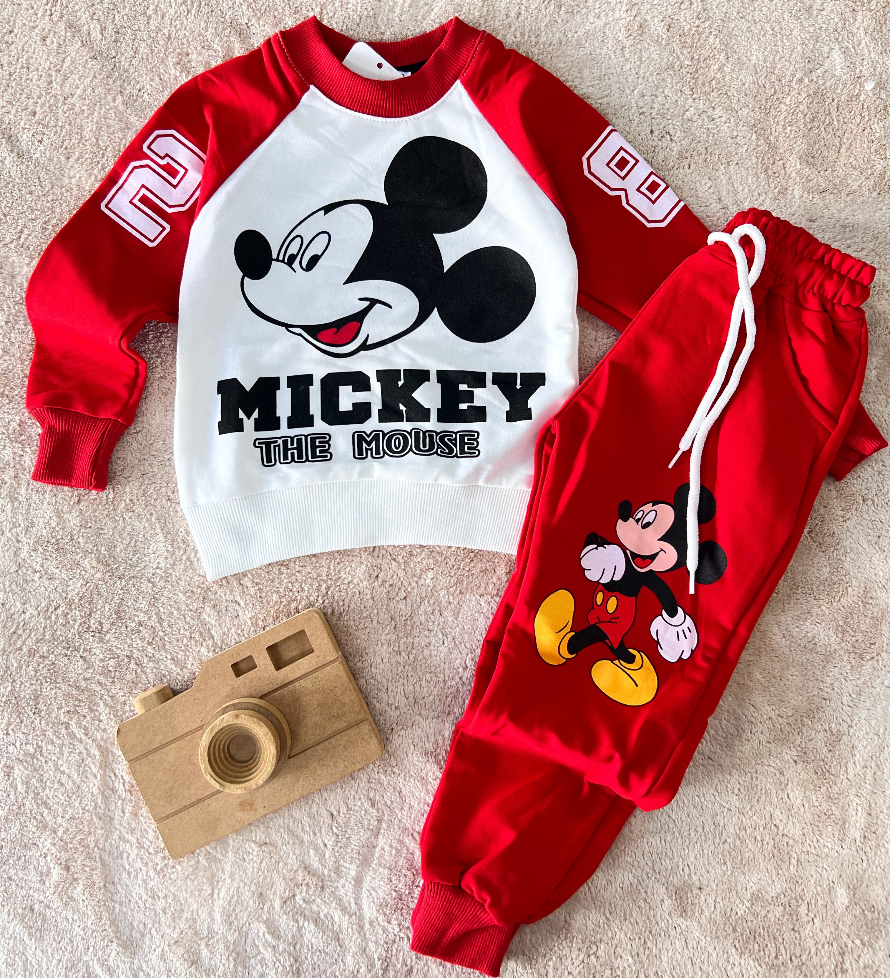Çocuk Takım Mickey Baskılı Cepli 2Li 3-12 Yaş Kırmızı