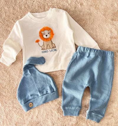 BEBEK TAKIM ASLAN NAKIŞLI 6-18 AY ŞAPKALI 3LÜ MAVİ