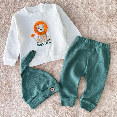 BEBEK TAKIM ASLAN NAKIŞLI 6-18 AY ŞAPKALI 3LÜ YEŞİL