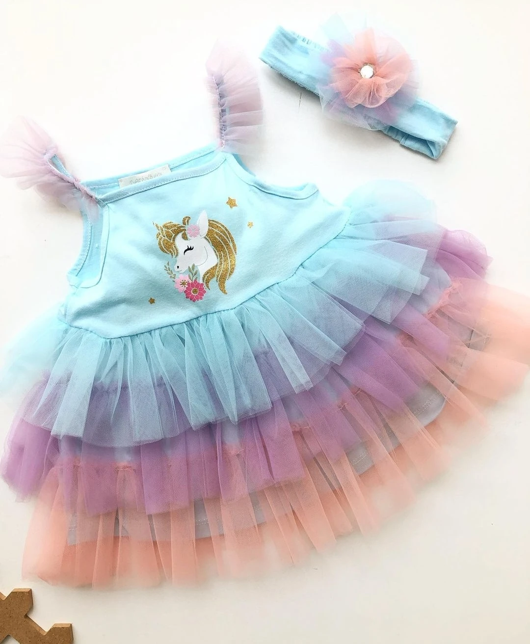 bebek elbise 6-24 ay tütülü unicorn detaylı saç bantlı