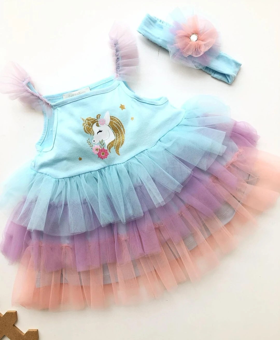 bebek elbise 6-24 ay tütülü unicorn detaylı saç bantlı 