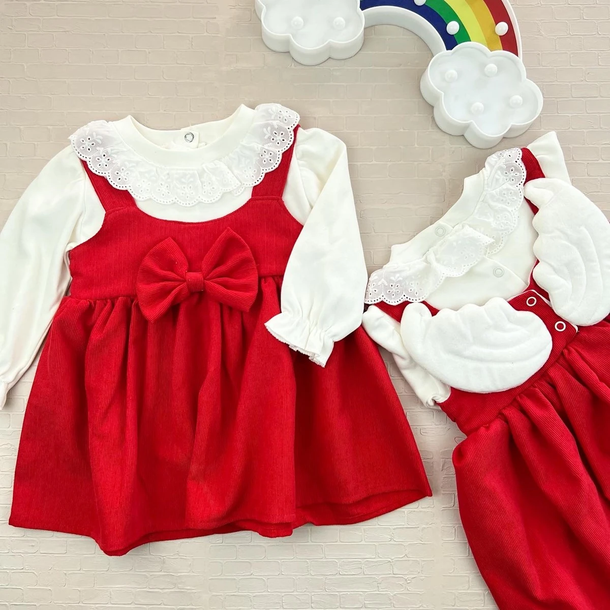 bebek elbise 9-24 ay kanat detaylı yakalı kırmızı