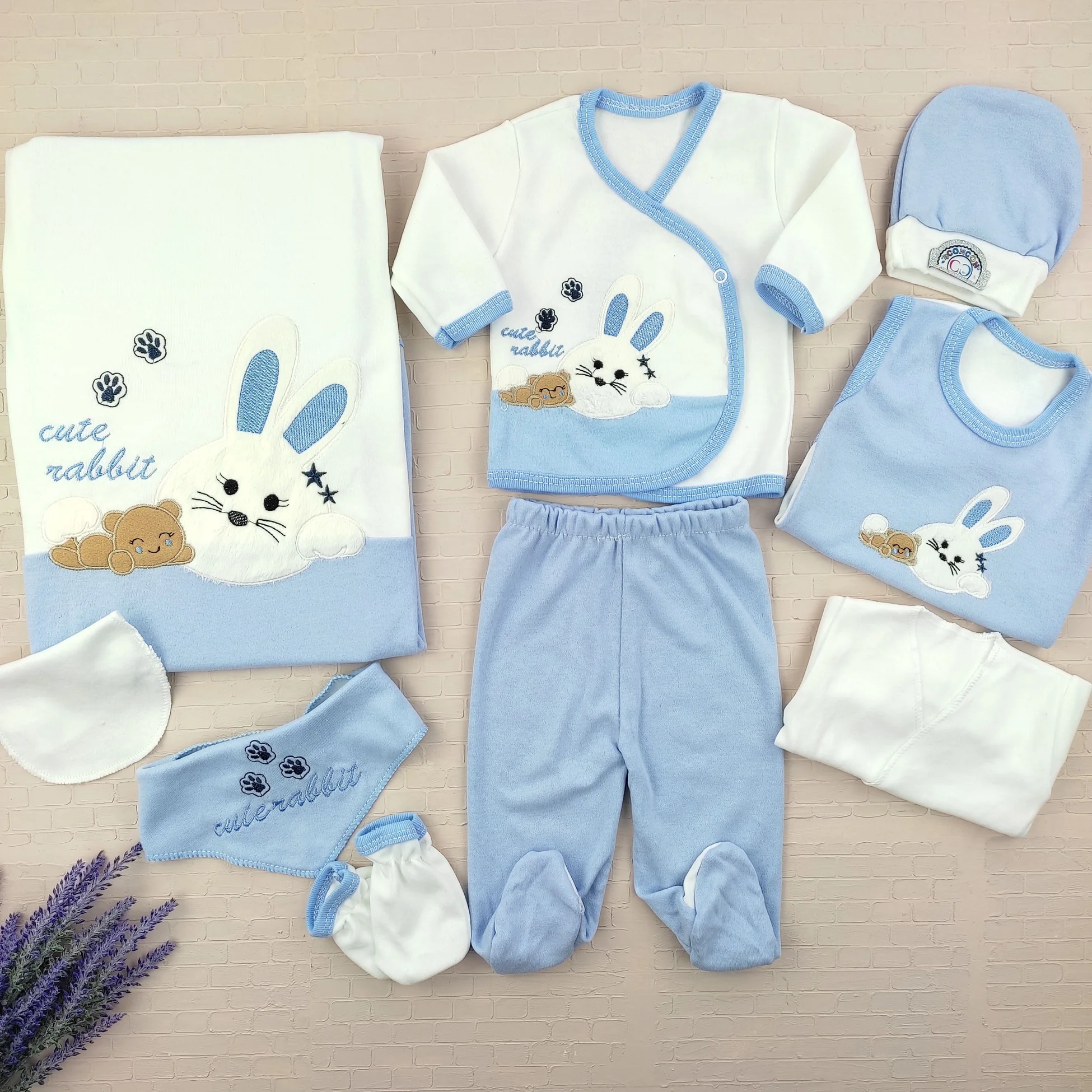 bebek hastane çıkışı 0-3 ay peluş tavşan nakışlı 9 parça