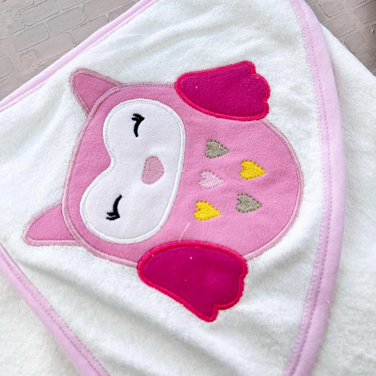Bebek havlu baykuş nakışlı keseli krem-pembe 0-1 yaş