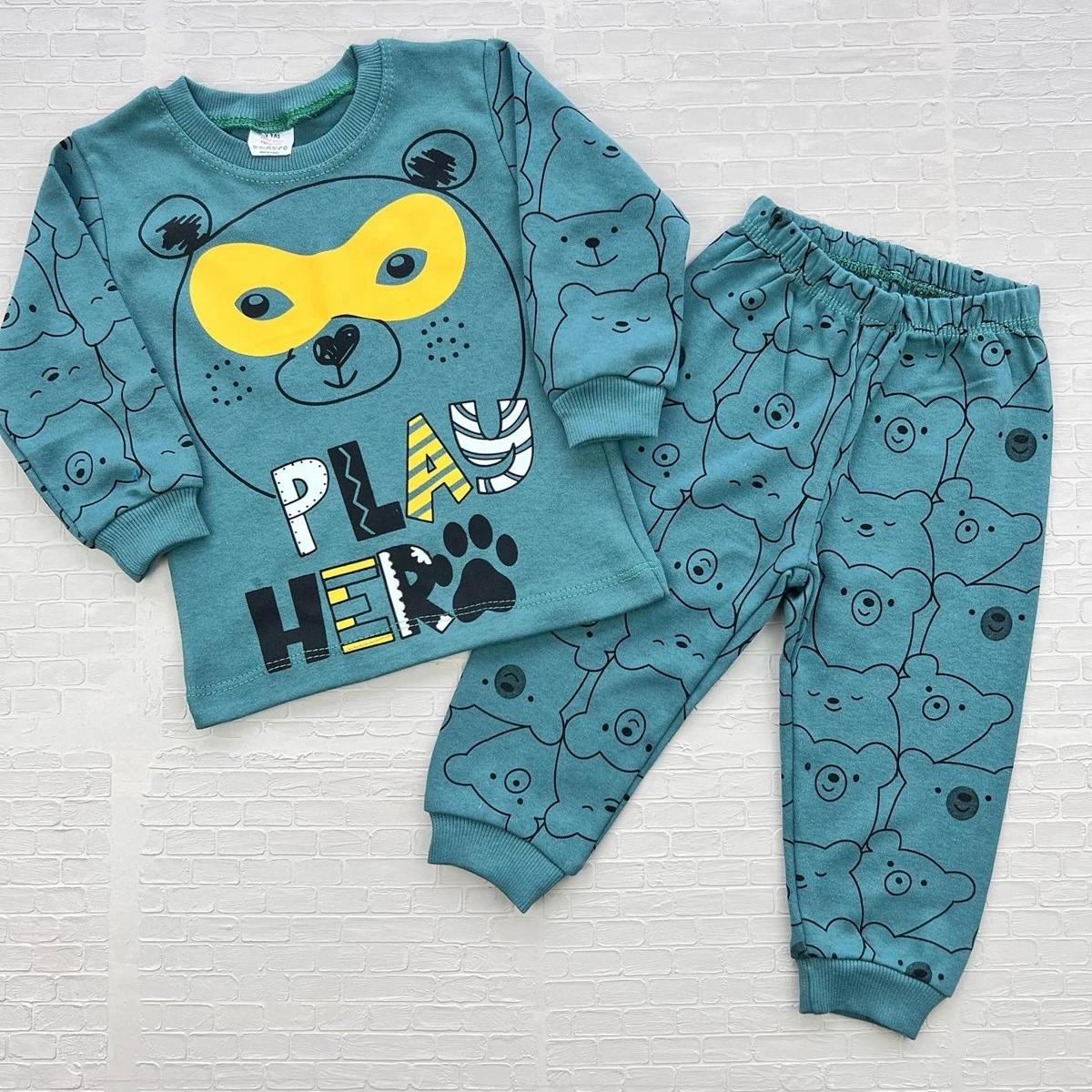 bebek pijama takım 1-3 yaş maskeli ayı baskılı yeşil