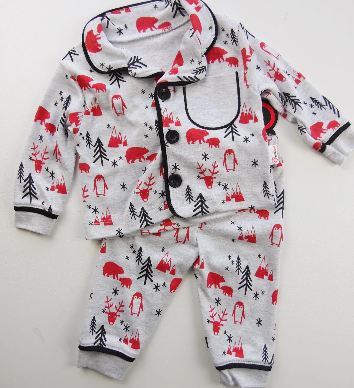 Bebek Pijama Takımı 6-18 Ay Çam Ağacı Baskılı Yakalı Gri
