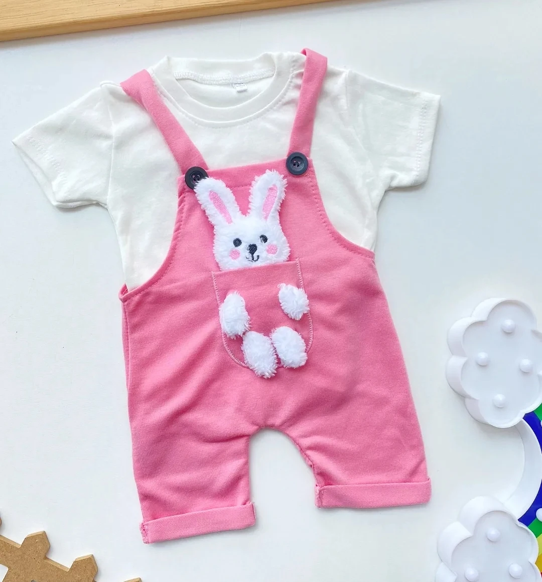 bebek salopet 3-12 ay tavşan detaylı pembe