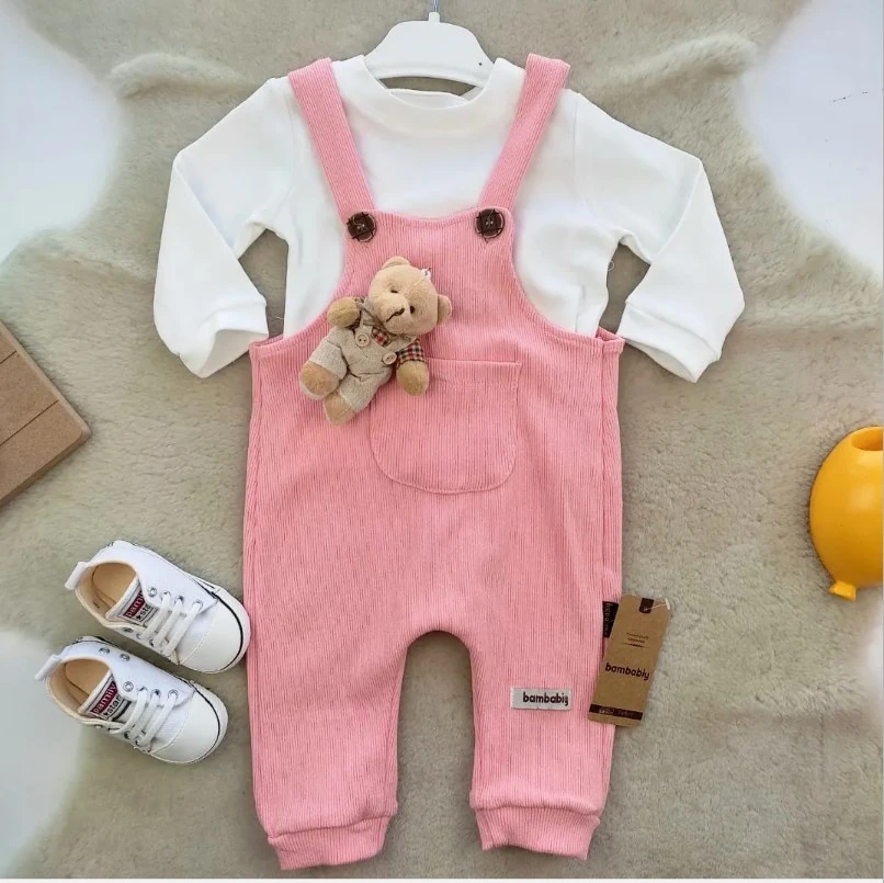 bebek salopet 9 ay-24 ay aralığında bambabiy oyuncak ayılı kaşkorse pembe