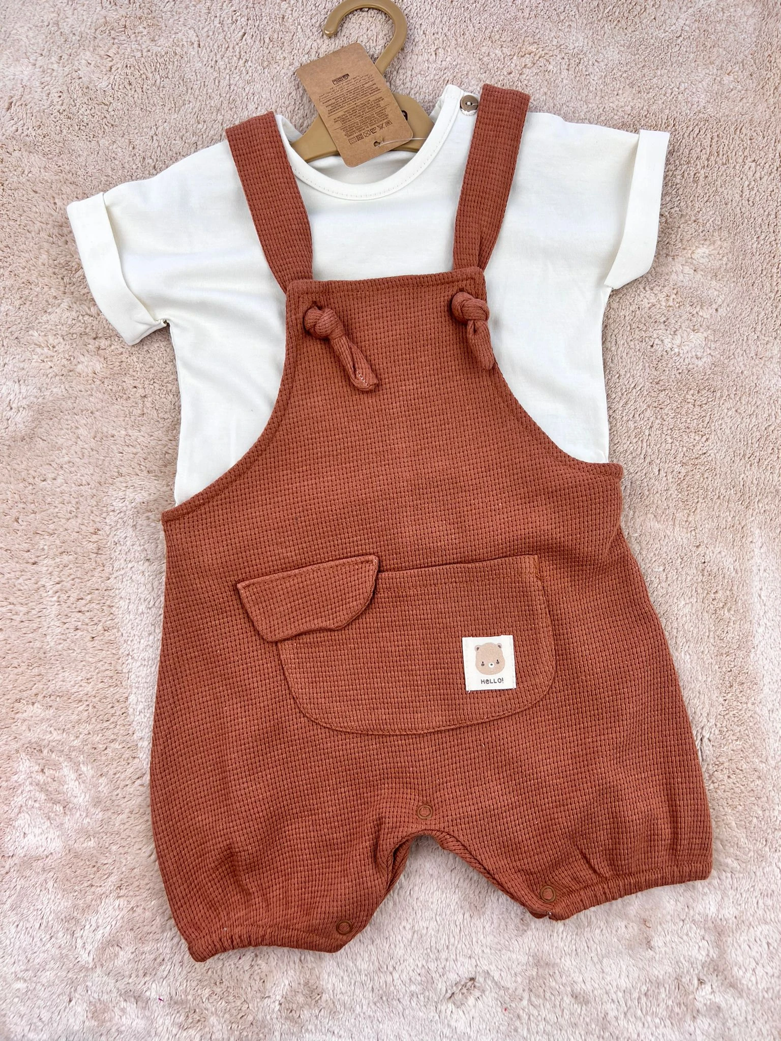 bebek salopet takım 6-12 ay hello ayı cep detaylı kahverengi
