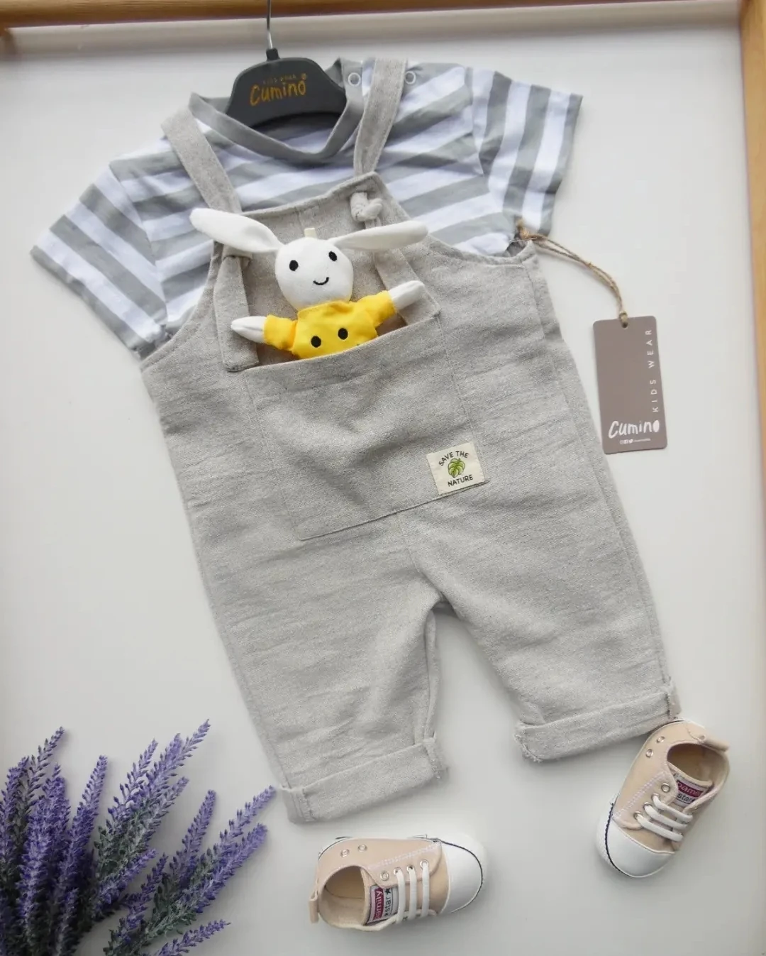bebek salopet takım 6-24 ay organik kumaş oyuncak tavşanlı gri 