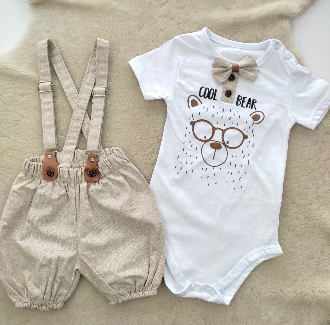 Bebek Salopet Cool Bear Baskılı Çıtçıtlı Badili Bej