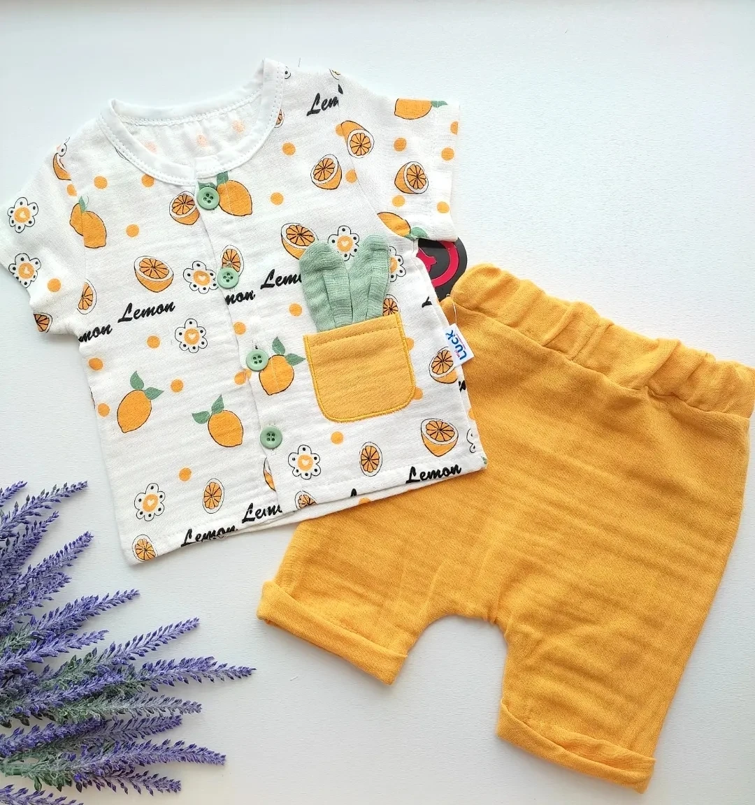 bebek takım 3-12 ay müslin kumaş limon baskılı sarı 