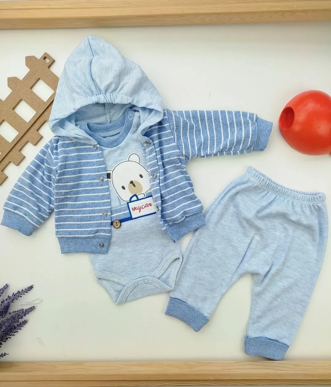 bebek takım 3-9 ay arabalı ayı nakışlı kapşonlu hırkalı 3'lü mavi