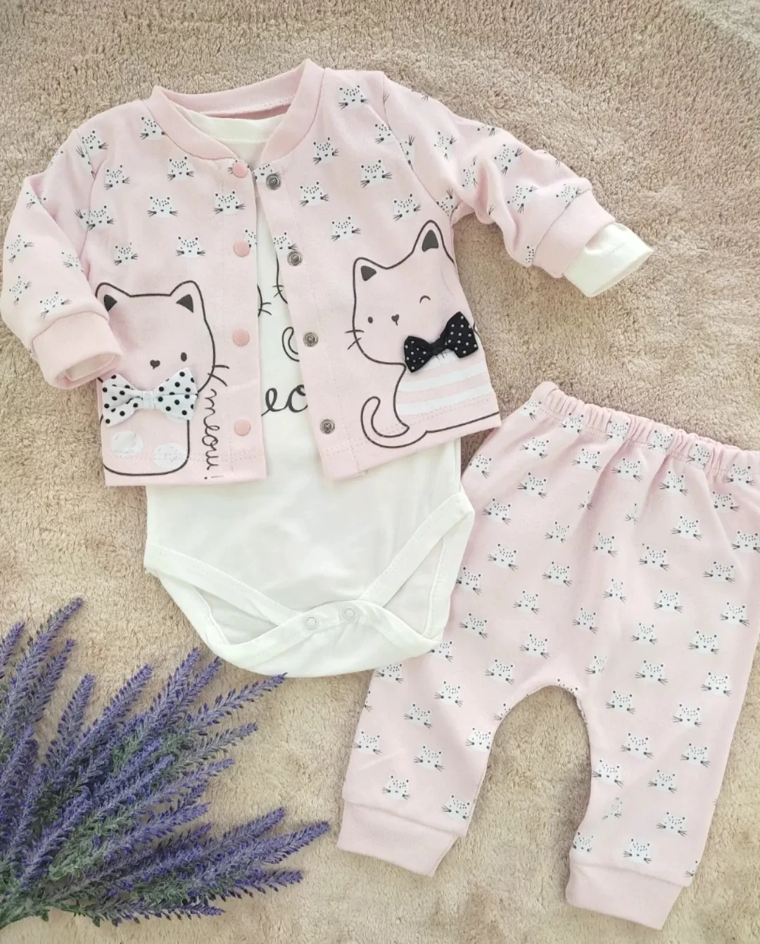 bebek takım 3-9 ay fiyonklu kedi baskılı 3'lü pembe 
