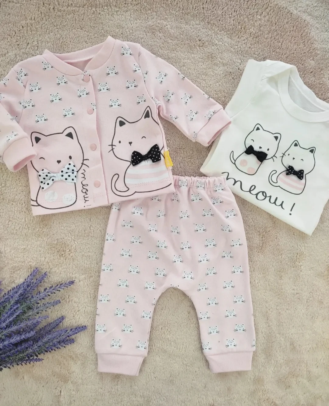 bebek takım 3-9 ay fiyonklu kedi baskılı 3'lü pembe