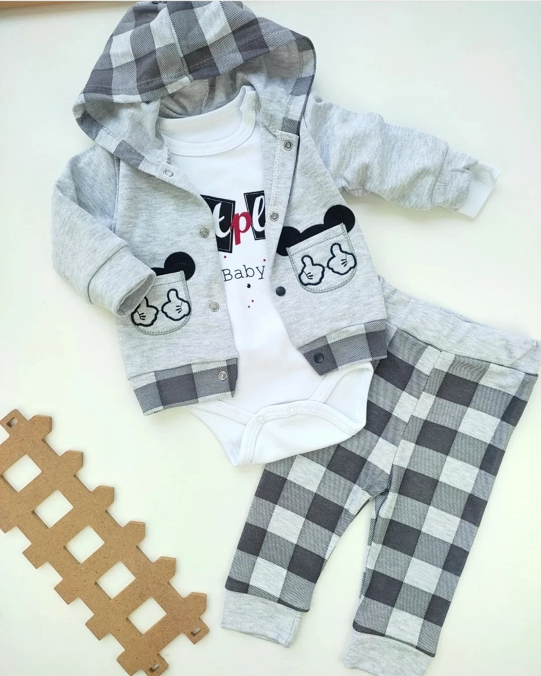 Bebek Takım 3-9 Ay Kareli Minnie Mouse Kulak Detaylı Gri  
