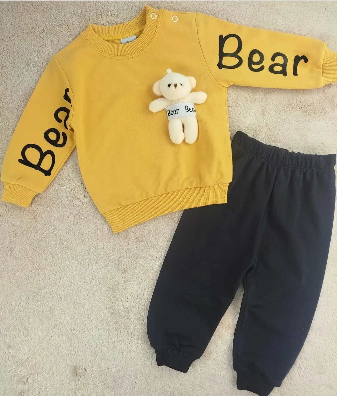 Bebek Takım 6-12 Ay Bear Baskılı Oyuncak Ayılı Sarı