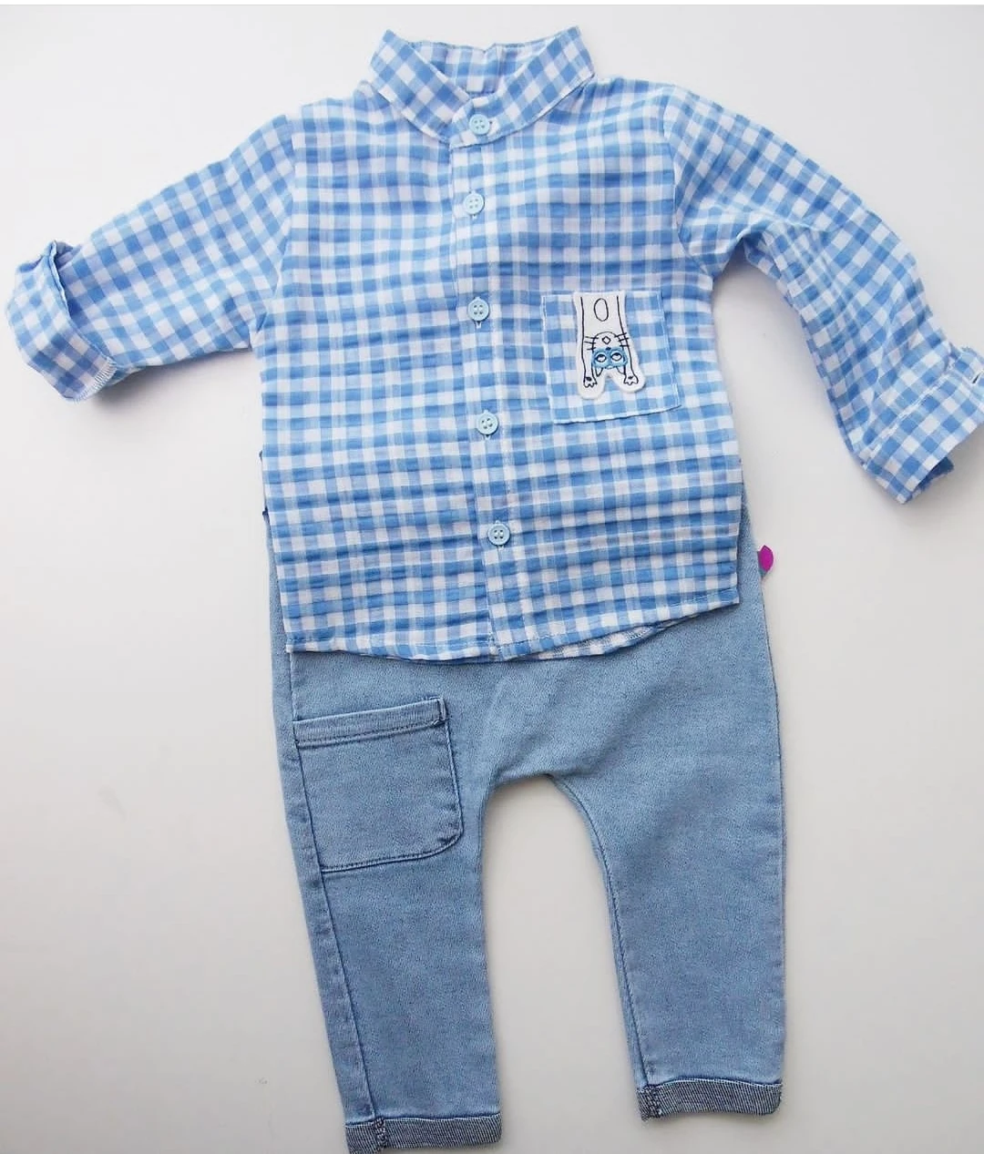 bebek takım 6-24 ay cepli kot pantolonlu kareli gömlekli mavi  