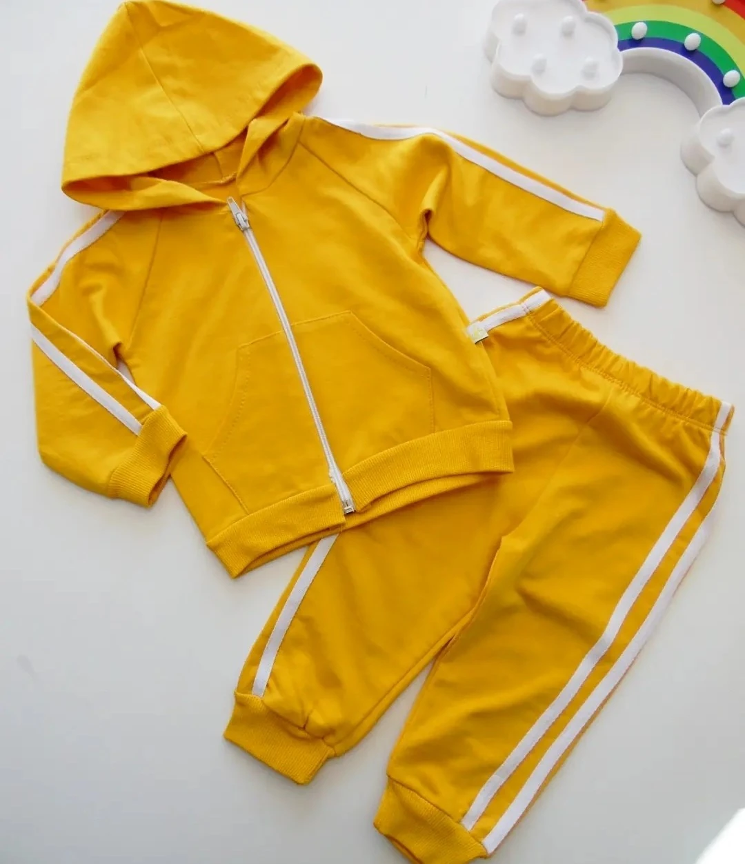bebek takım 6-24 ay şeritli cep detaylı sarı 
