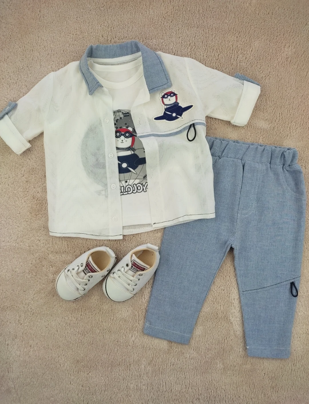 bebek takım 6-24 ay uçan ayı nakışlı gömlekli mavi