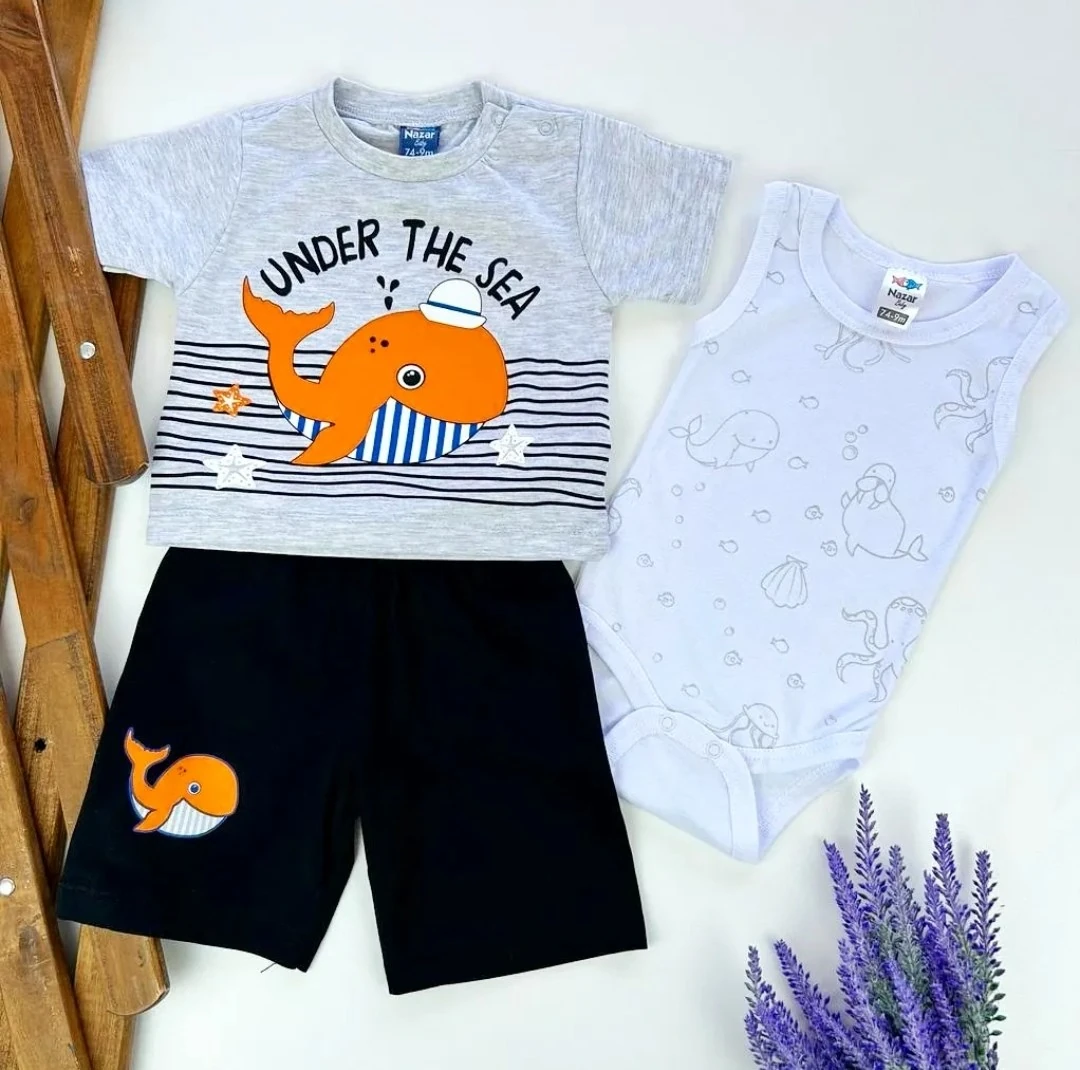 bebek takım 9-24 ay balina baskılı zıbınlı 3'lü set gri