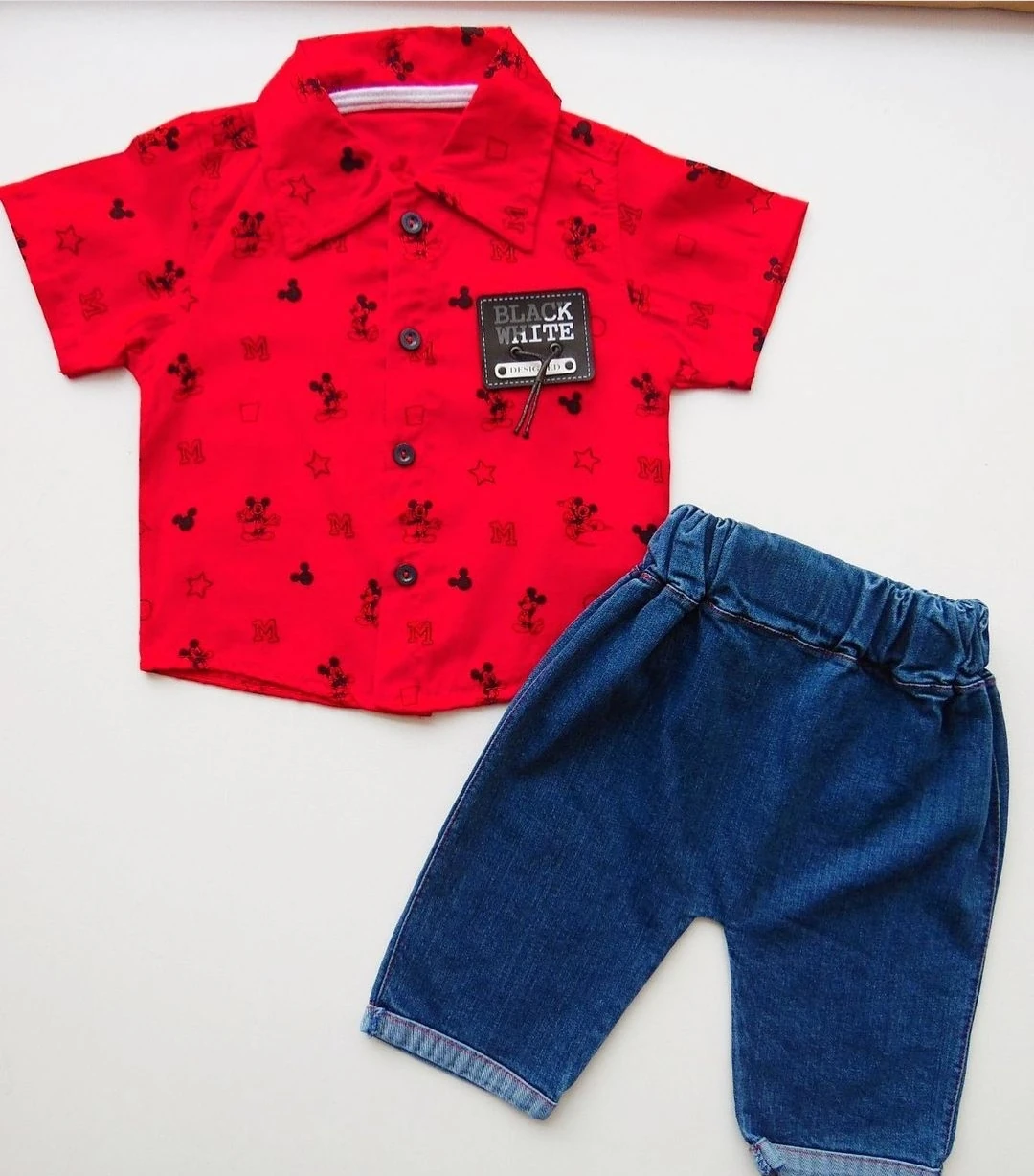 bebek takım 9-24 ay mickey baskılı gömlekli kot şortlu kırmızı  