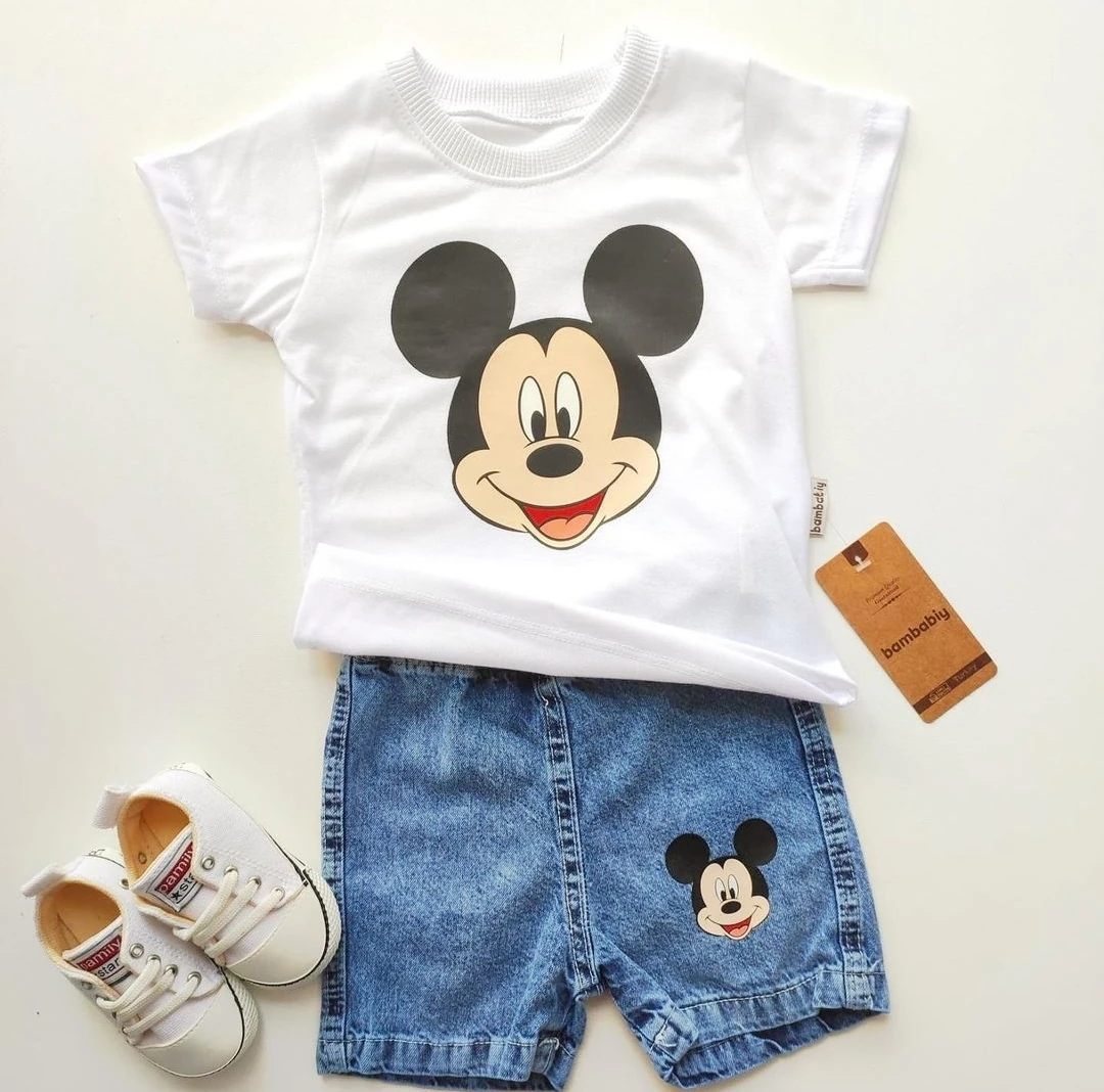bebek takım 9-24 ay mickey baskılı kot şortlu beyaz 