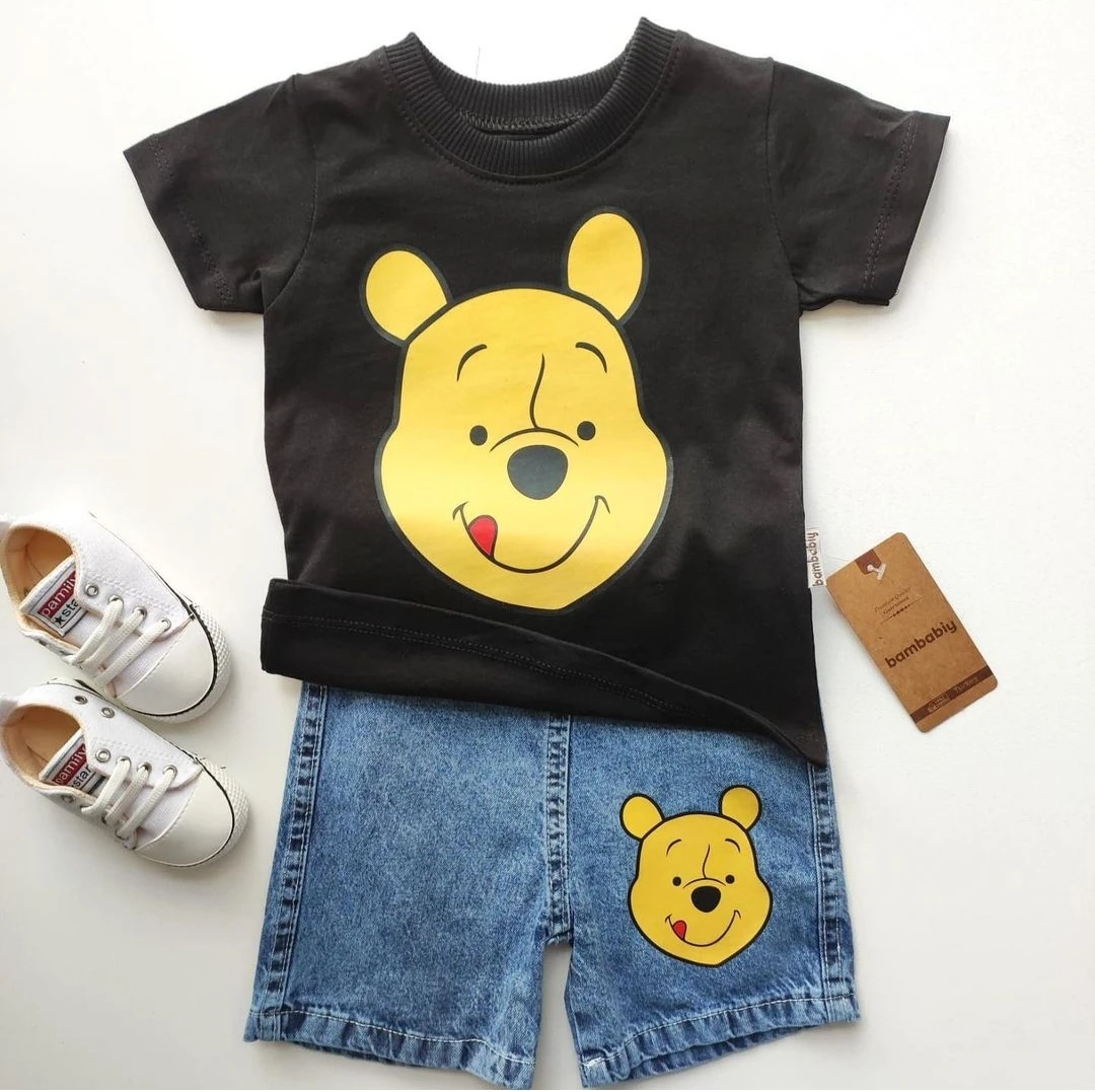 bebek takım 9-24 ay pooh baskılı kot şortlu siyah 