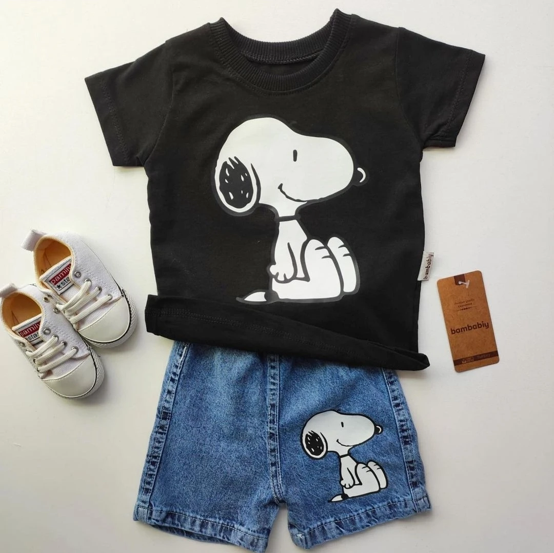 bebek takım 9-24 ay snoopy baskılı kot şortlu siyah 