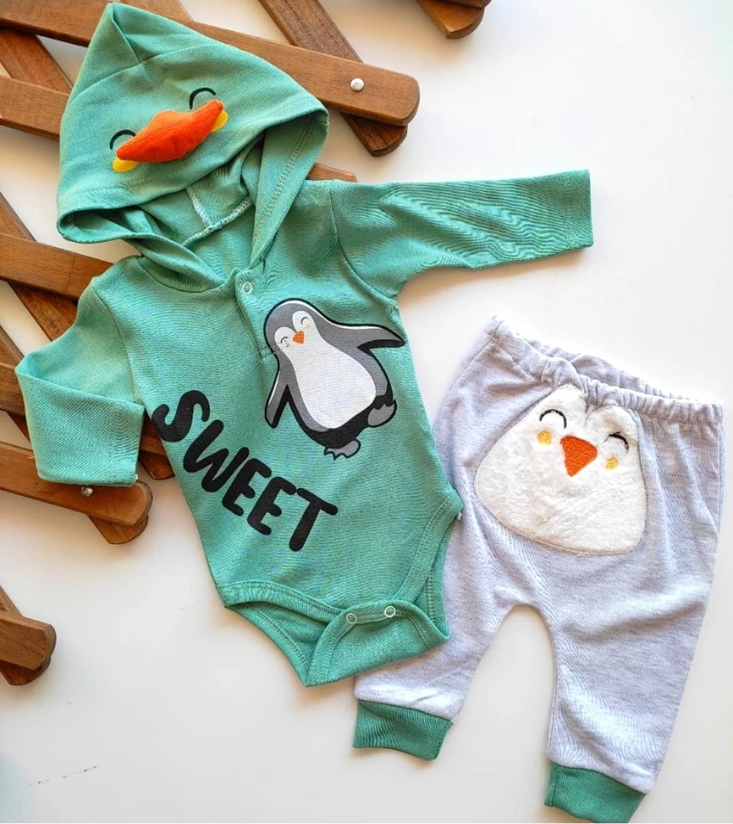 bebek takım  arkası penguen nakışlı kapşonlu 2li yeşil