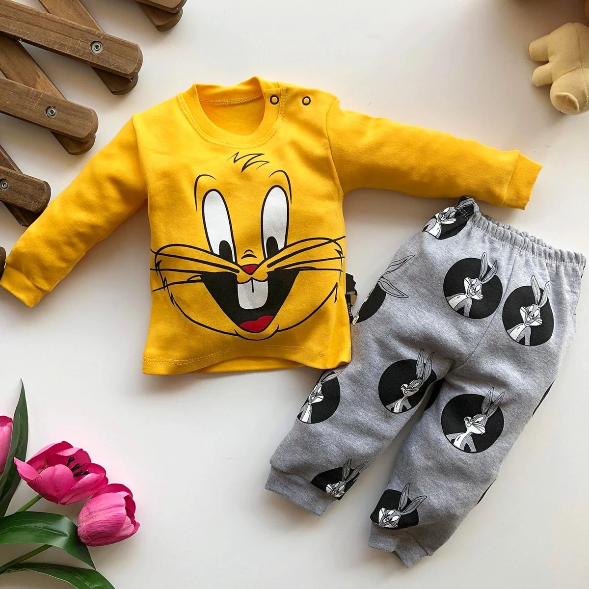 bebek takım çılgın tavşan bugs bunny baskılı 2'li sarı
