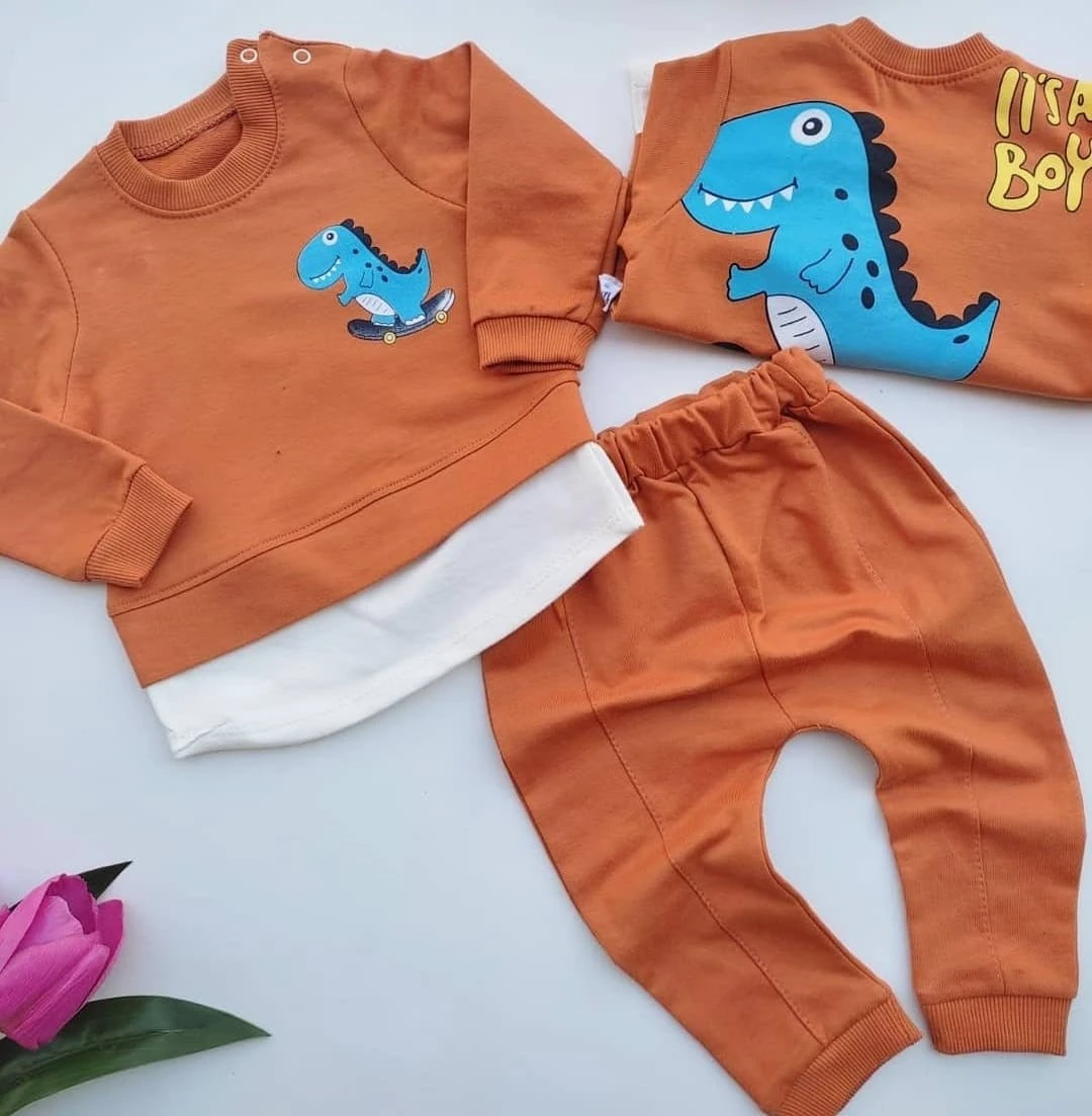 Bebek takım kaykaylı dino baskılı hardal