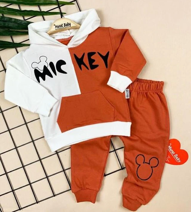 bebek takım mickey baskılı cep detaylı kapşonlu kiremit