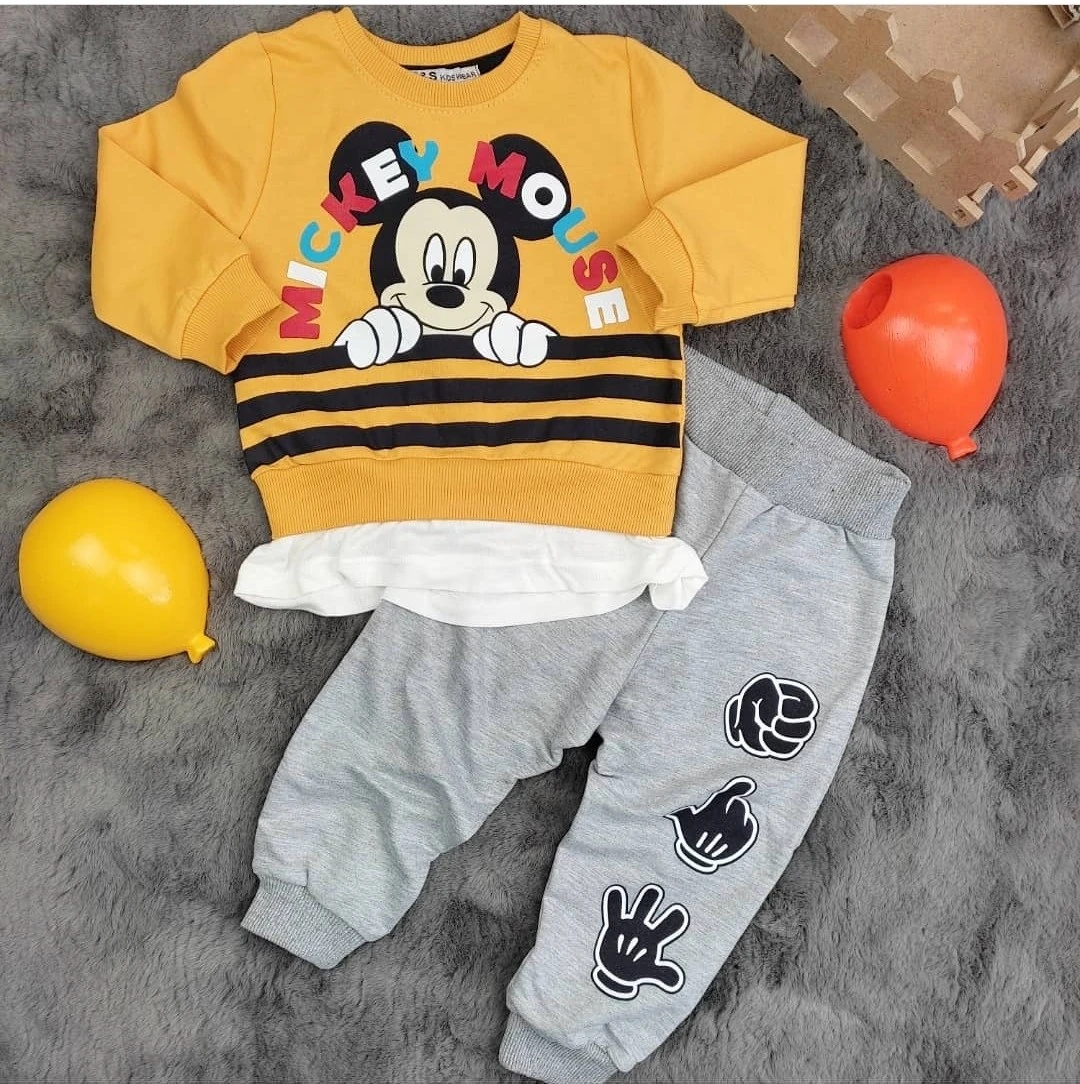 bebek takım mickey mouse baskılı alt desenli 2 li sarı