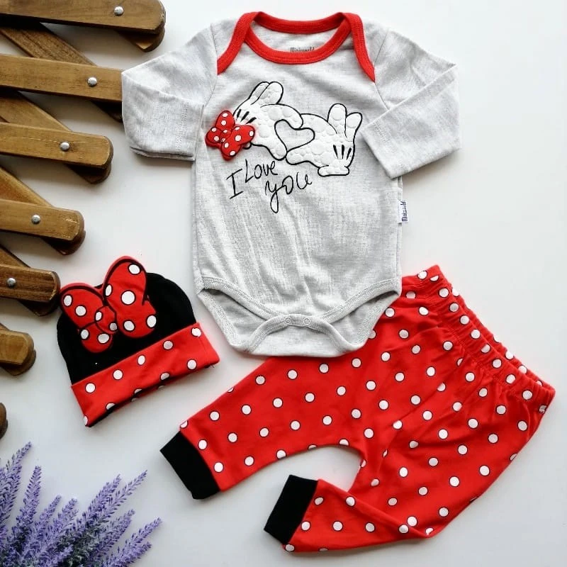 bebek takım minnie el baskılı fiyonklu şapkalı kırmızı