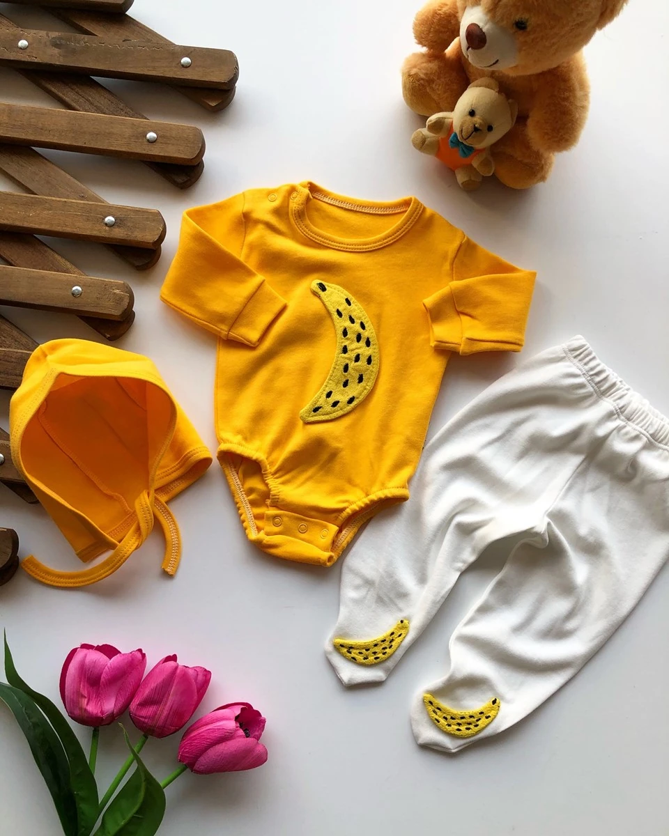 bebek takım muz detaylı çıtçıtlı badili sarı 3'lü