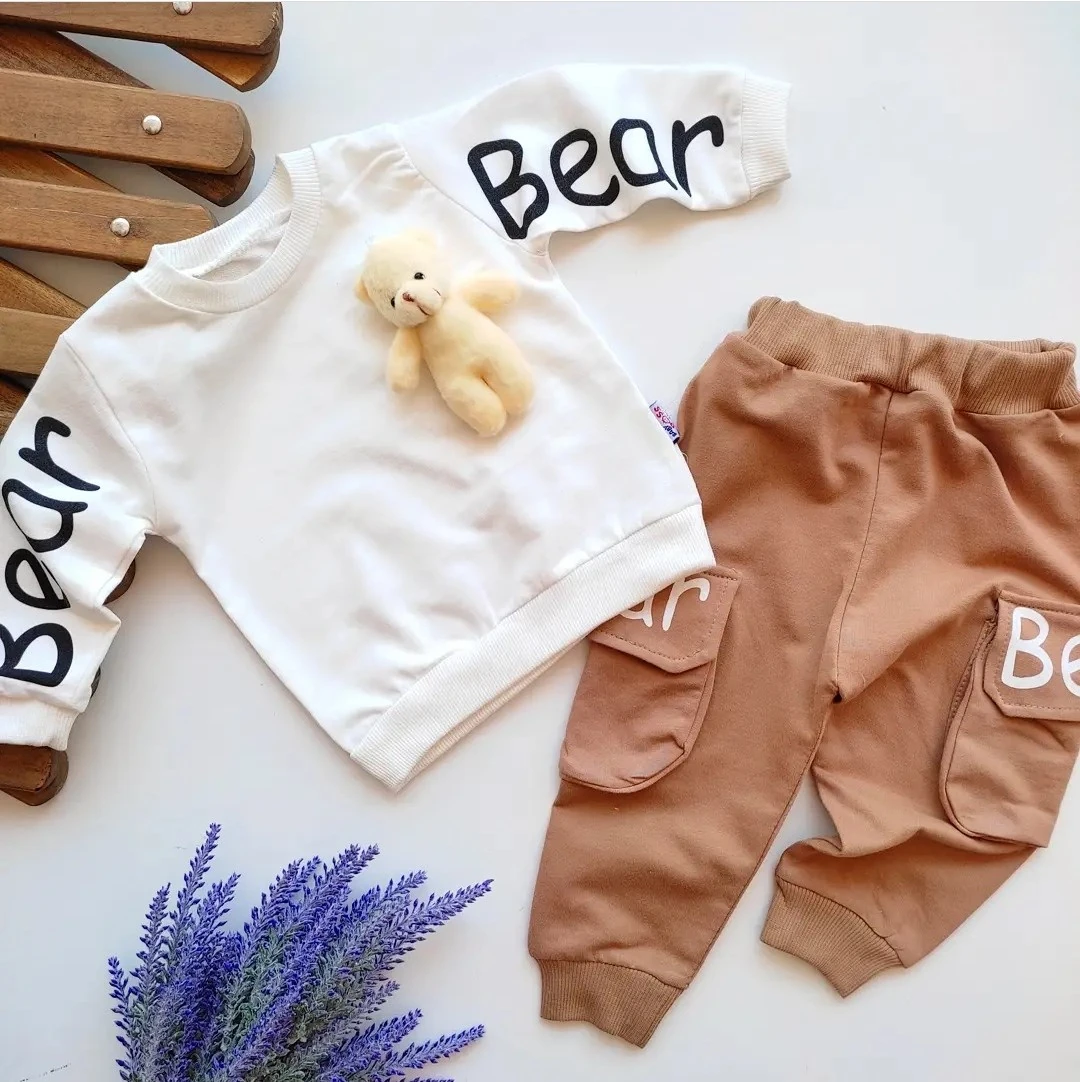 bebek takım oyuncak ayı detaylı bear baskılı krem-kahve