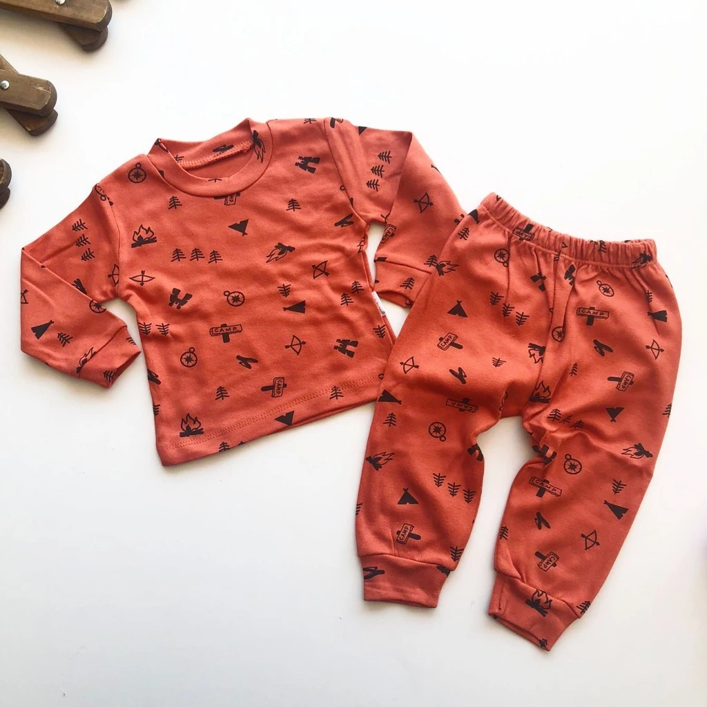 bebek takım pijama kamp desenli kiremit rengi
