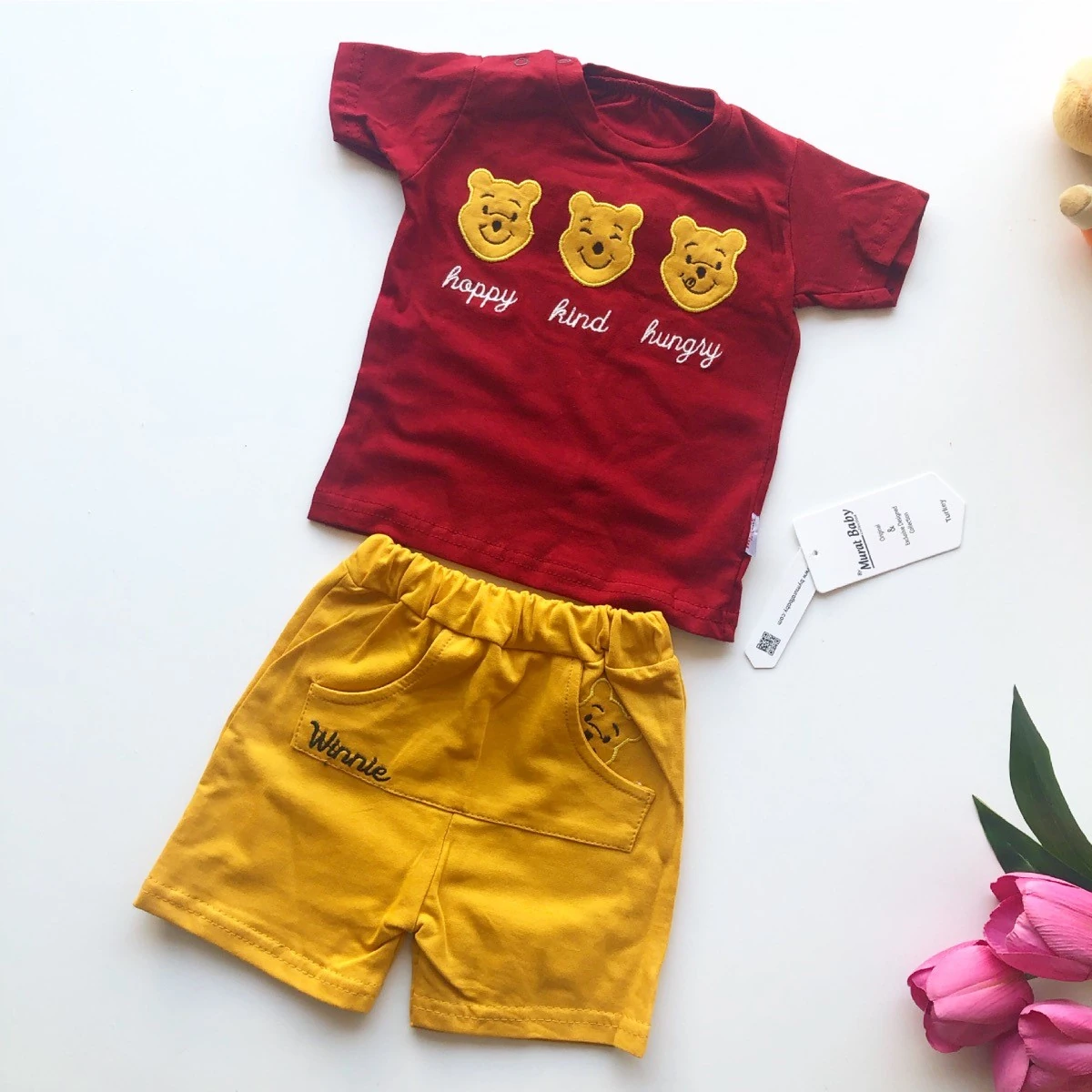 bebek takım sevimli winnie nakışlı şortlu bordo