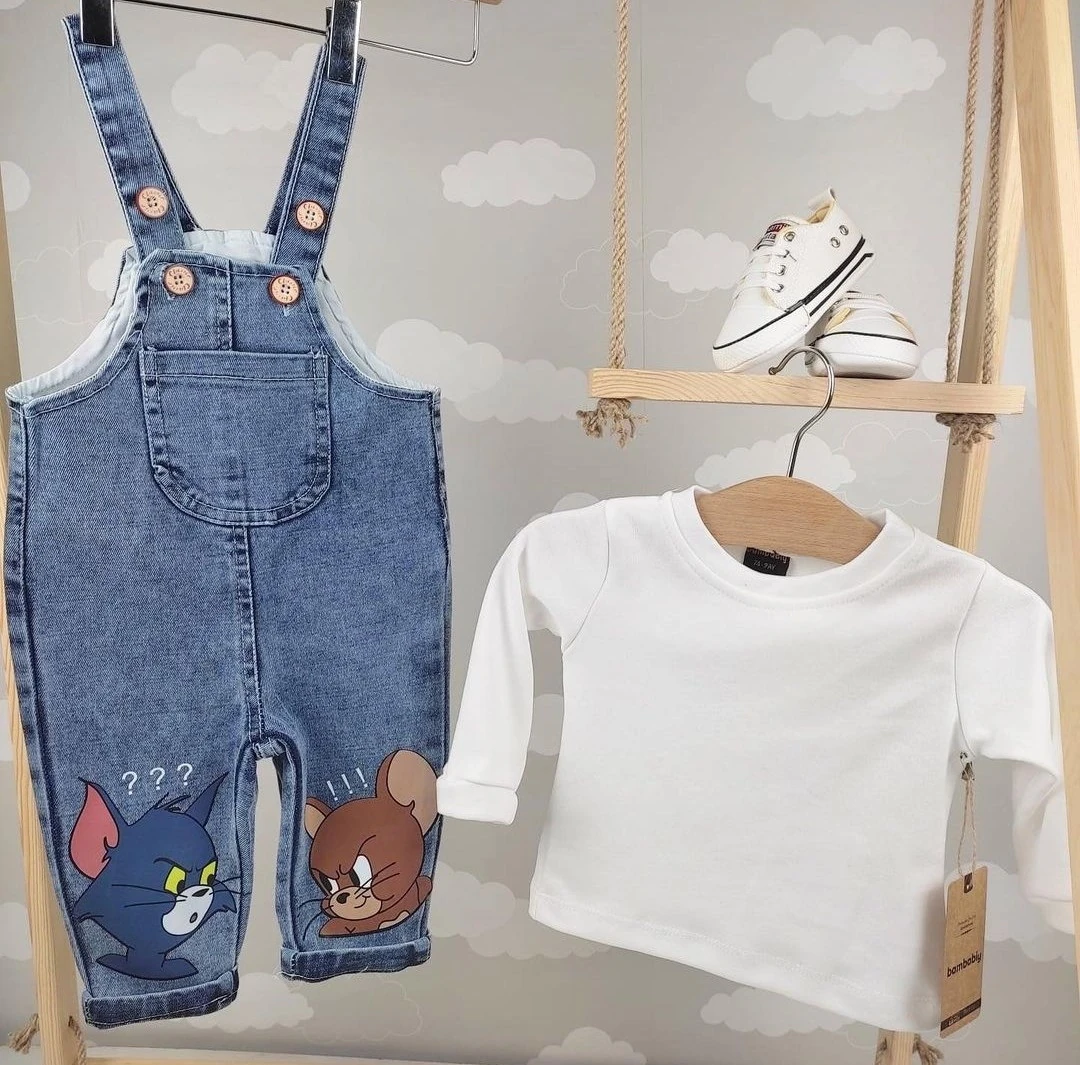 bebek tarz kot salopet takım tom ve jerry baskılı 
