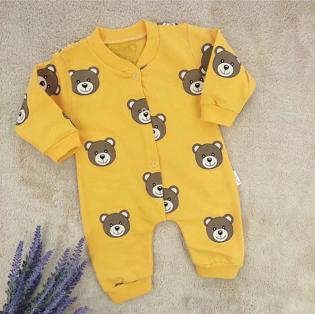 Bebek Tulum 1-6 Ay Gülen Ayıcık Kafası Baskılı Çıtçıtlı Sarı