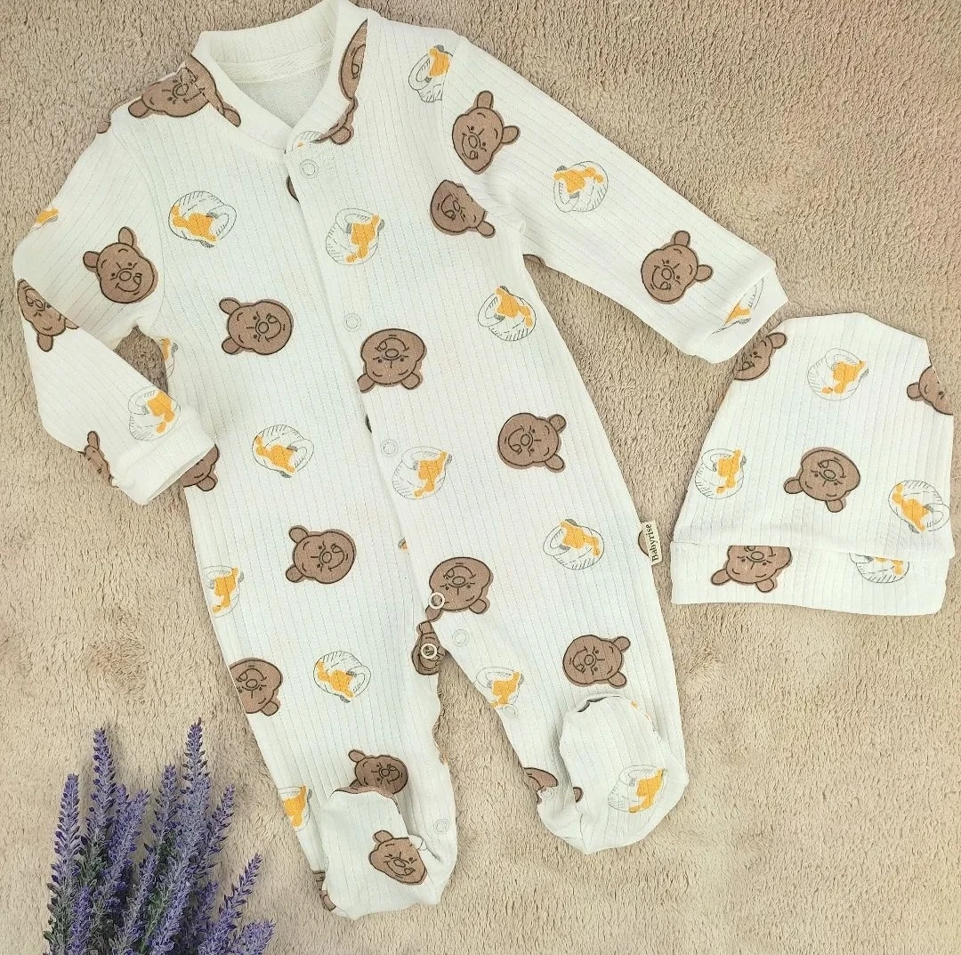Bebek Tulum 1-9 Ay Pooh Kafası Baskılı Fitilli Kumaş Şapka Hediyeli