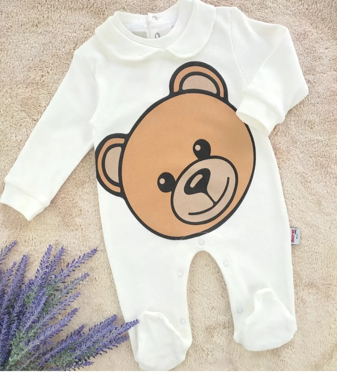 bebek tulum 3-12 ay ayıcık kafası baskılı bebe yaka beyaz