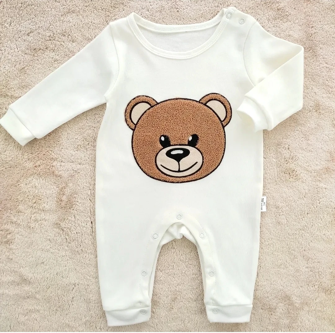 bebek tulum 3-12 ay peluş ayıcık kafası nakışlı krem