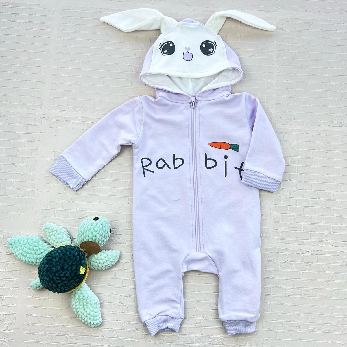bebek tulum 3-12 ay rabbit tavşan kulaklı kapşonlu lila 