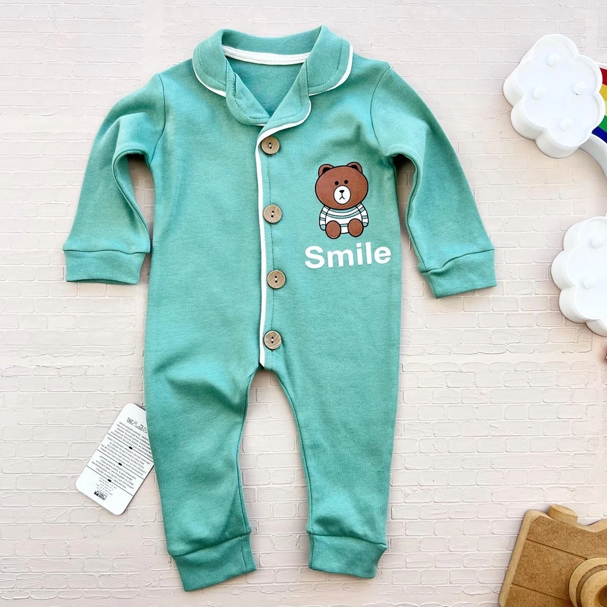 bebek tulum 3-18 ay smile yazı baskılı düğmeli yeşil 