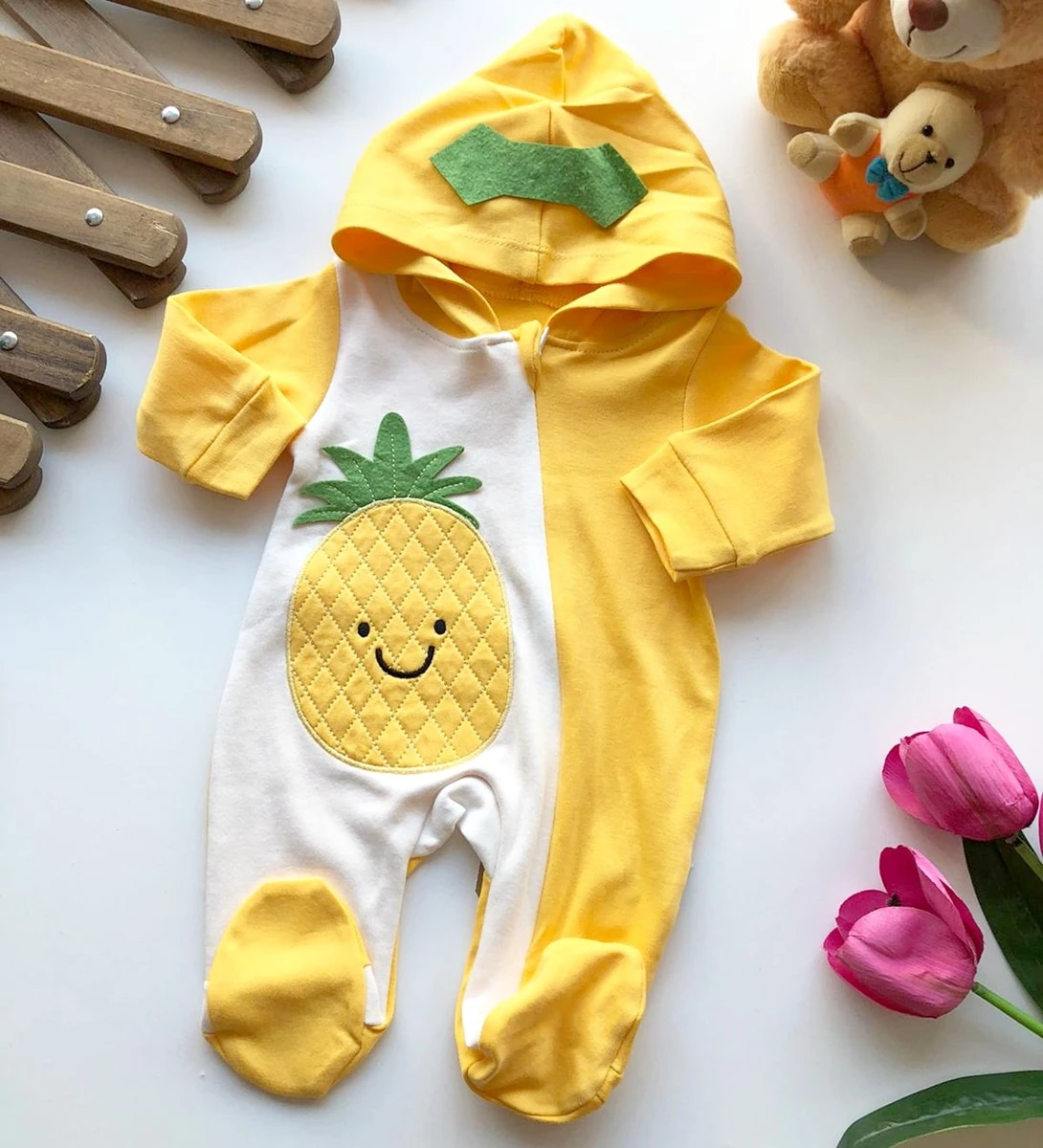 Bebek tulum ananas nakışlı kapşonlu