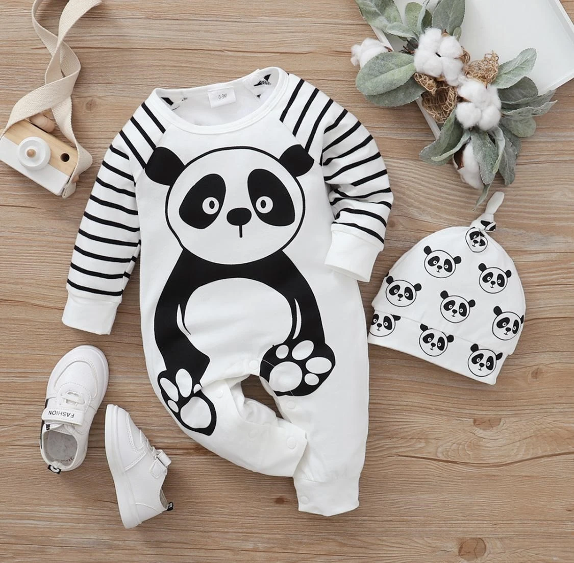 bebek tulum panda desenli çizgili