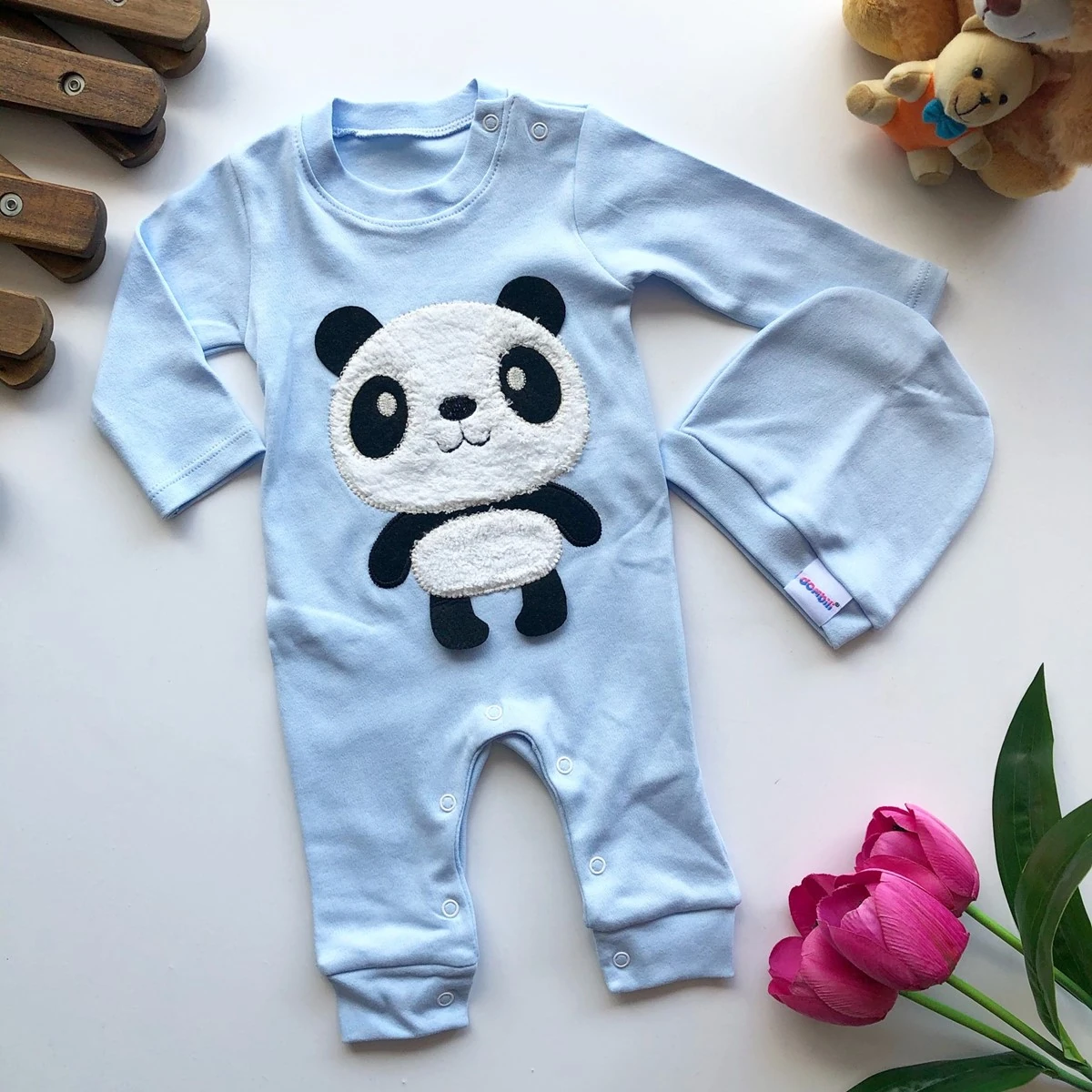 bebek tulum panda nakışlı şapkalı 2'li mavi