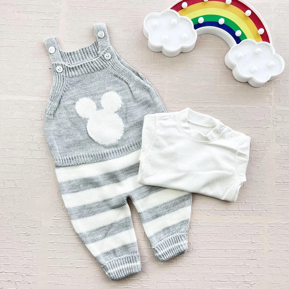 bebek tulum salopet 6-12 ay triko mickey detaylı gri 